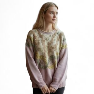 Vintage Lilac Muticoloured Chenille Embroidered Flowers Pearls Crewneck Sweater